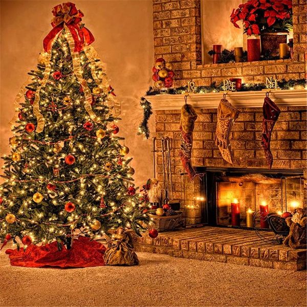 2020 Indoor Brick Fireplace Photo Background Candles Stocking