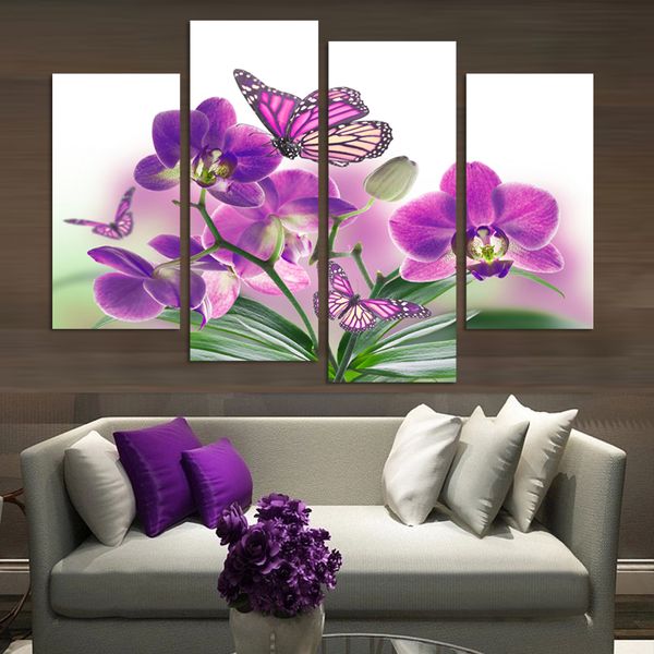 

4 panel beautiful butterfly orchid flowers printed on canvas for living room home decor wall art oil painting no frame