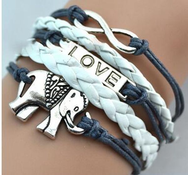 

drop shipping infinit love elephant bracelet diy handmade woven jelwery accessories grey cord multi layer antique silver elephant bracelet, Golden;silver