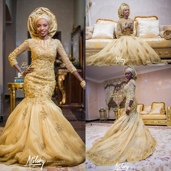 2017 New African Yellow Mermaid Abiti da sposa Gioiello Collo maniche lunghe Appliques di pizzo Corte dei treni di perline Plus Size Abito da sposa formale