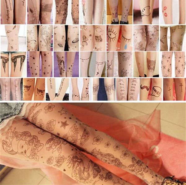 

fashion women girl sheer pantyhose tights stockings hosiery socks nylon tattoo pattern temptation trendy ing, Black;white
