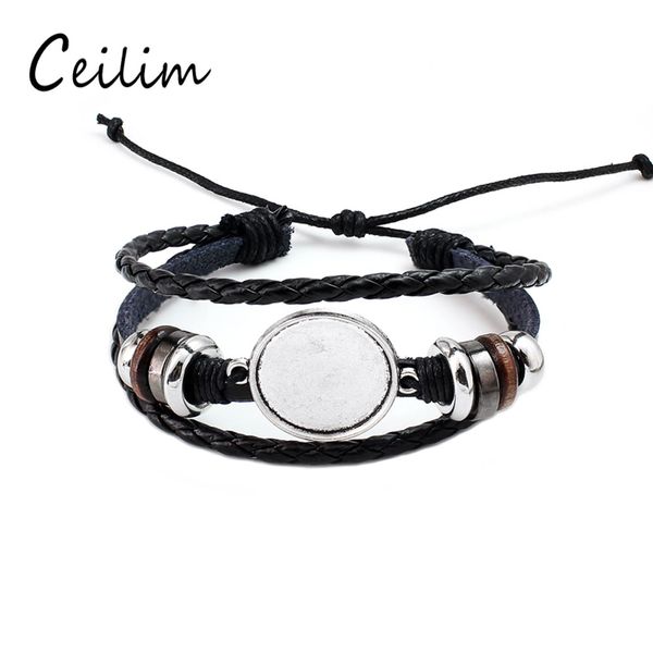 

fashion jewelry diy multi layer leather bracelet bangle blank base fit 20mm round p glass cabochon setting bezel tray jewelry making, Black
