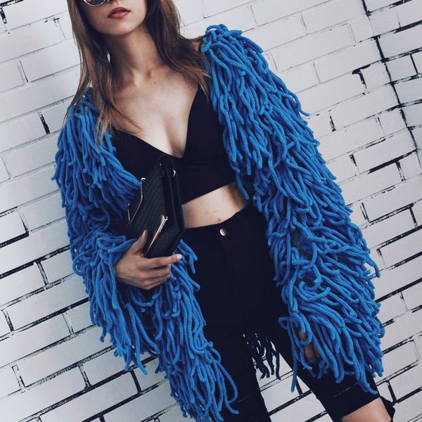 

women tassel knitting shaggy jacket coat 2017 autumn winter fashion brand design soft hairy faux fur warm cardigan overcoat, Black