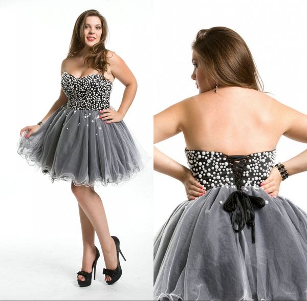 

2017 custom made a line tulle gray cocktail dresses sweetheart pearls bodice backless lace-up back mini homecoming dresses, Black