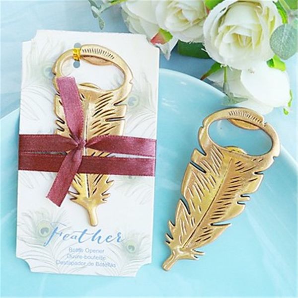 O ENVIO GRATUITO de 100 PCS Vintage Antique Gold Pena De Pavão Abridor de Garrafa Presentes de Aniversário Favores Do Casamento Idéias Do Partido