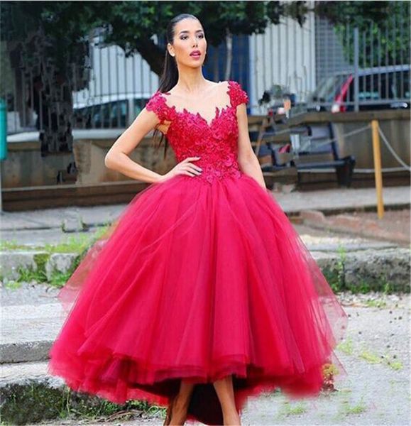 

v-neck tulle bridal dress red color 3d-floral appliques lace wedding gowns high low tea-length wedding dresses, White