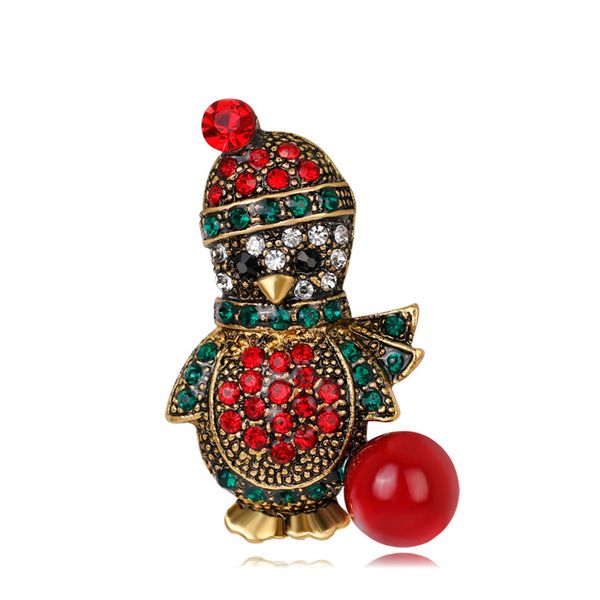 Spille a forma di pinguino di cartone animato con strass multicolori in oro vintage. Spilla per animali in lega d'oro anticata. Regali per feste