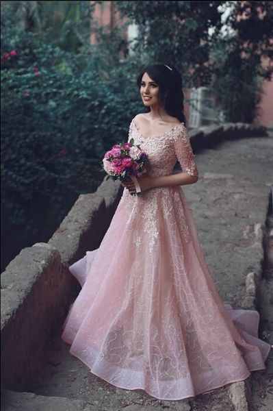 

2021 modest lace short sleeve colorful wedding dresses a line pink tulle bridal wedding gowns, White