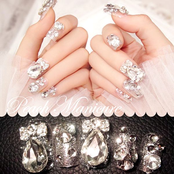 Wholesale- New 24 pieces(Pre-glue) Noble Elegant 3D Rhinestone Glitters Bling Decoration Long Fake false Acrylic Sticker Nail Tip With Glue
