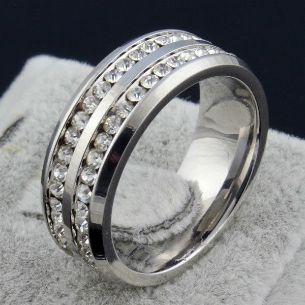 Moda feminina 2 fileiras CZ anéis de diamante Atacado S925 prata Cor Aço Inoxidável Anéis de casamento para mulheres Jóias de festa