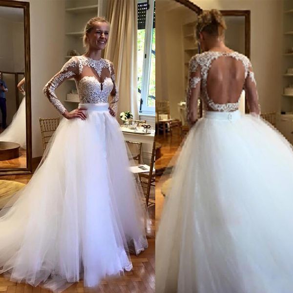 

stunning wedding dresses with detachable tulle skirt sheath mermaid backless illusion long sleeve bridal gowns lace appliques, White