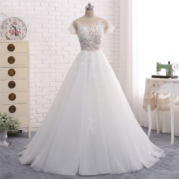 

new design long wedding dress scoop short sleeves court train appliques tulle a-line bridal gowns vestido de noiva longo, White