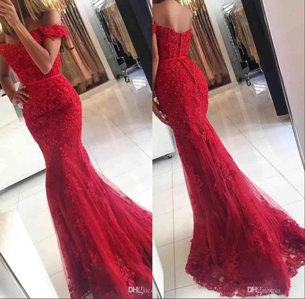 

2017 vestidos new tulle red mermaid evening dresses long off the shoulder beaded lace appliques floor length long prom gowns ba3809, Black;red