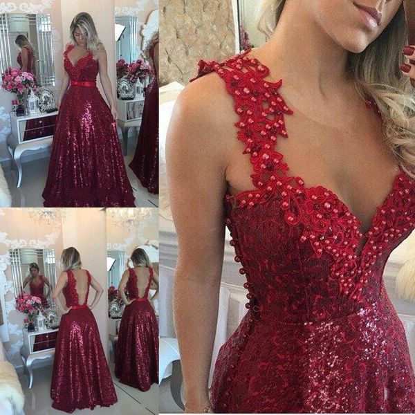 

sparkly dark red sequined prom dresses 2017 peals beaded lace applique sheer neck evening gowns open back formal party dresses, Black