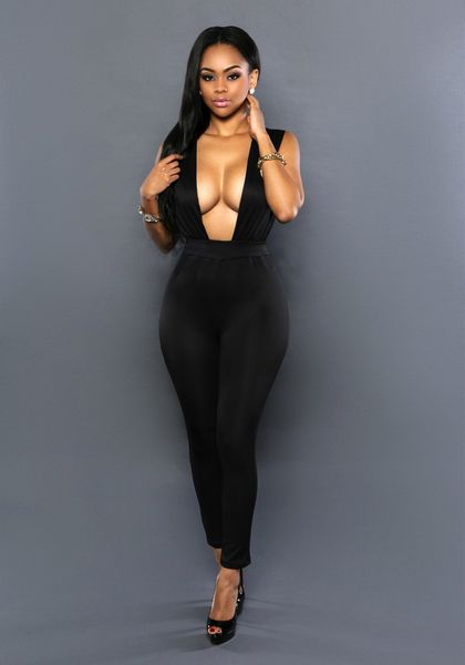 

wholesale-2016 fashion new rompers backless women jumpsuits long pants lady v neck bodycon bandage club night wear overalls bodysuit, Black;white