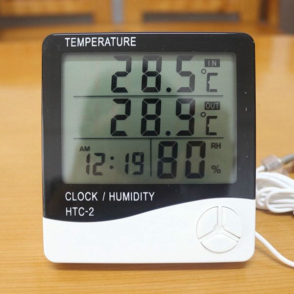 Digitales LCD-Thermometer, Hygrometer, elektronisches Temperatur- und Feuchtigkeitsmessgerät, Wetterstation für drinnen und draußen, Tester, Wecker, HTC-2