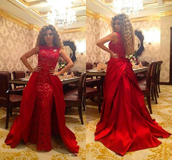 

detachable train lace prom dresses arabic style dubai jewel neck red formal pageant evening gowns floor length elegant vestidos de festa, Black