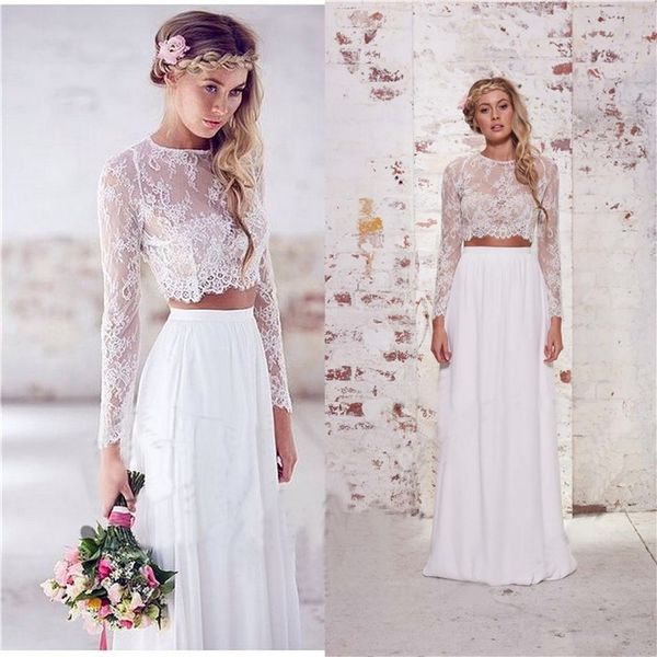 Abiti da sposa bohémien 2 pezzi Abiti da sposa a maniche lunghe Pizzo e chiffon Scollo a barchetta Abito da sposa Boho Crop Top robe de mariage