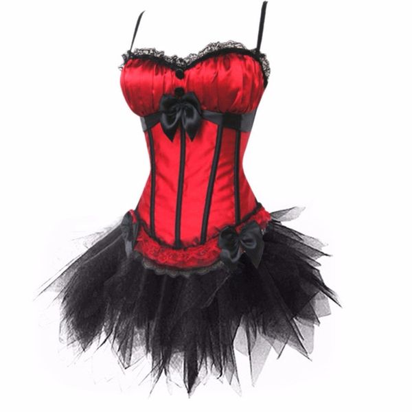 Grande Plus Size 6XL Frilly Bustline Lace Bow Burlesque Valentine Halterneck Espartilho com tule tutu saia dança espartilho traje vestido roupa