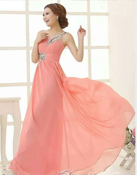 

one shoulder pleated long chiffon bridesmaid dress with beads crystal 2019 floor length party dress for wedding lace up, White;pink