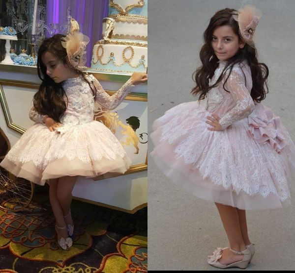 

pink lace long sleeve girls pageant dresses handmade flower applique ball gown flower girl dresses for wedding baby communion dresses, White;blue