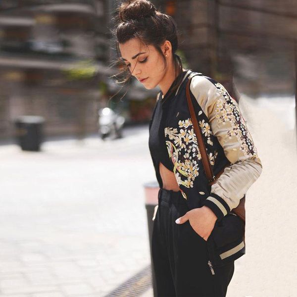 

satin phoenix embroidery bomber jacket women floral sukajan souvenir jacket coat autumn winter streetwear basic jackets, Black;brown