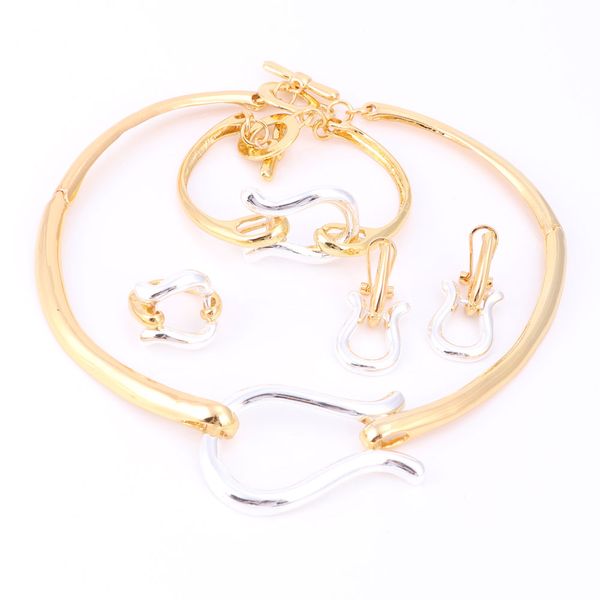 Vintage Retro Nigerian Elegante Gold Silber Überzogene Halskette Ohrringe Ring Armband Braut Schmuck Sets Für Frauen Hochzeit Party251i
