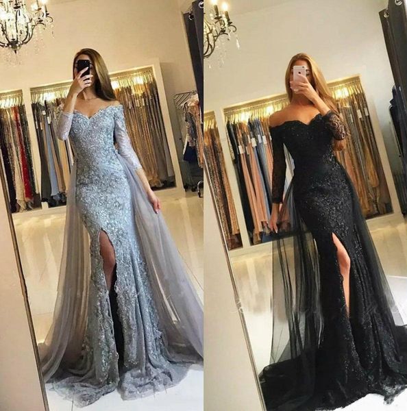 

сексуальные русалка вечерние платья с боковыми рукавами серебряные с плеча кружевные аппликации платья выпускного вечера длинные с верхней ю, Black;red