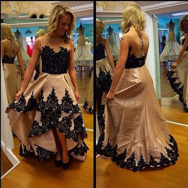 

new formal high low evening dress sheer neck taffeta lace appliques party prom dress arabic 2018 pageant gowns custom made celebrity dresses, Black