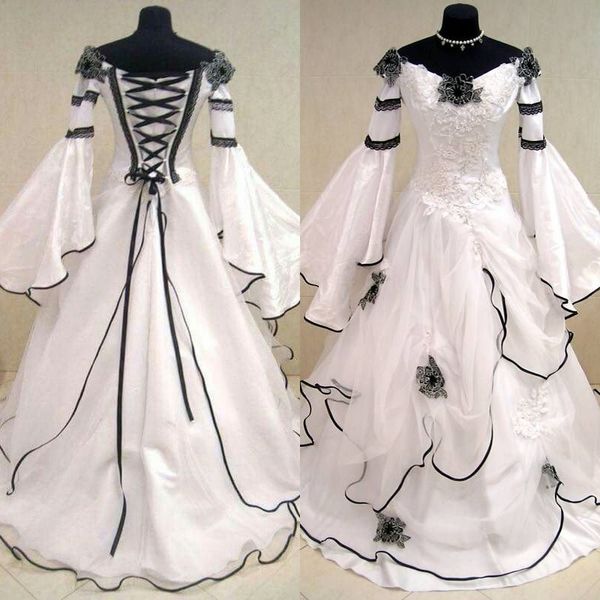 Renascimento Medieval Vintage Preto E Branco Rendas Organza Fora Do Ombro Vestidos de Casamento Vitoriano Mangas Compridas Applique Vestidos de Noiva EN10068