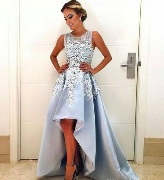 

2017 высокий низкий пром платья аппликация кружева и атласа чистой шеи длинные вечерние платья партии формальная одежда на заказ, Black;red