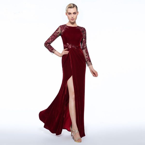 

2019 Newest Burgundy Sheath Long Evening Dress Appliques Sequins Sexy Split Front Long Sleeves Formal Party Dress Prom Dress Custom Made
