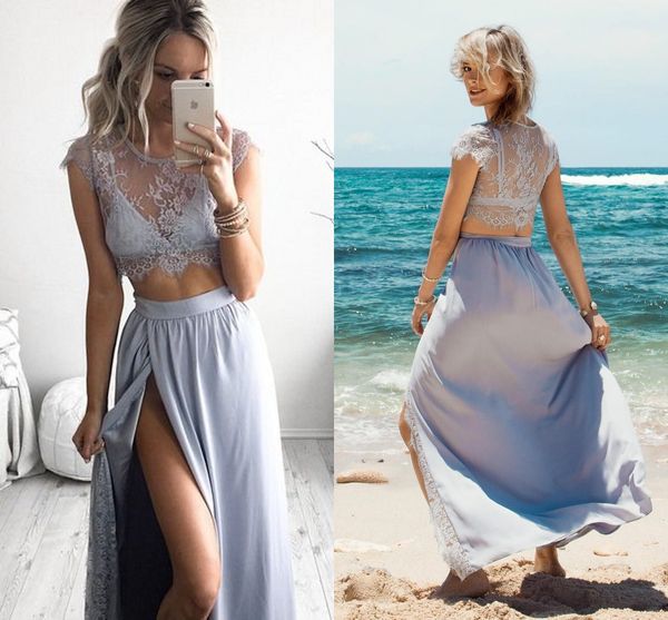 

two piece silver prom dresses 2016 vestidos de festa a line high side split sheer lace beach party gown, Black