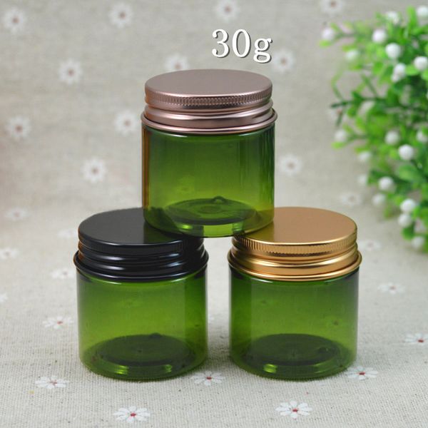 50pcs 30g 30cc verde oliva plastica vaso cosmetico bottiglia di siero in PET contenitore tappo in alluminio con coperchio in metallo