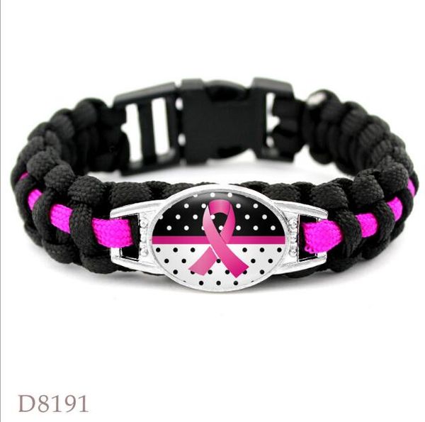 

dhl pink breast cancer fighter hope ribbon awareness paracord bracelets blue yellow black outdoor camping sport bracelet christmas gift, Golden;silver