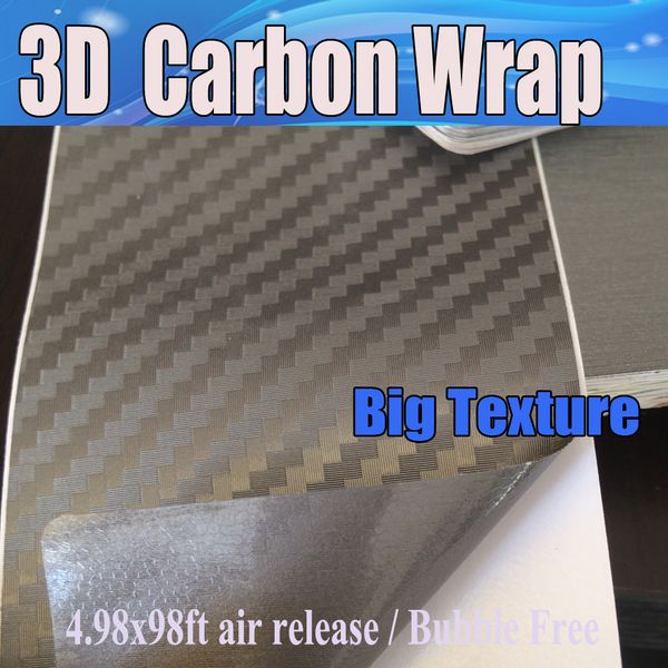 Graue 3D-Carbonfaser-Vinylfolie mit großer Textur, luftblasenfrei, Auto-Styling, kostenloser Versand, Carbon-Laptop-Abdeckungshaut, 1,52 x 20 m/Rolle
