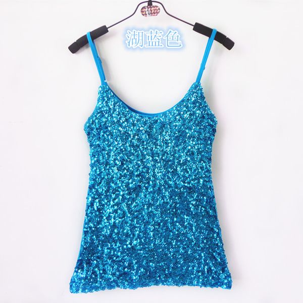 

wholesale-2016 spangle women flashy sequins all over front spaghetti strap tank with adjustable strap, White