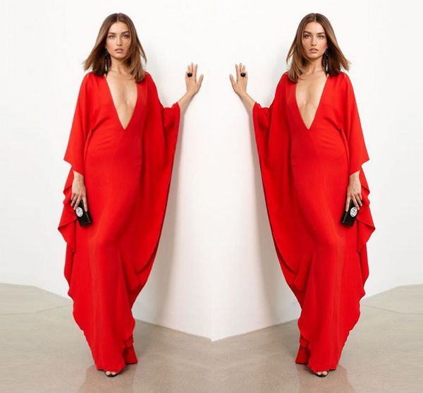 

red deep v neck evening dresses 2017 floor length loose chiffon robe for women plus size formal party dresses prom gowns, Black;red