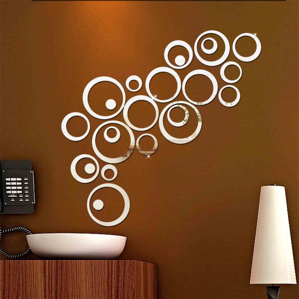 Silber Gold Cricle Wandaufkleber Happy Mirror Ring Echte moderne Acrylspiegel 3D Wandaufkleber Promotion Home Dekoration Hintergrund Dekor