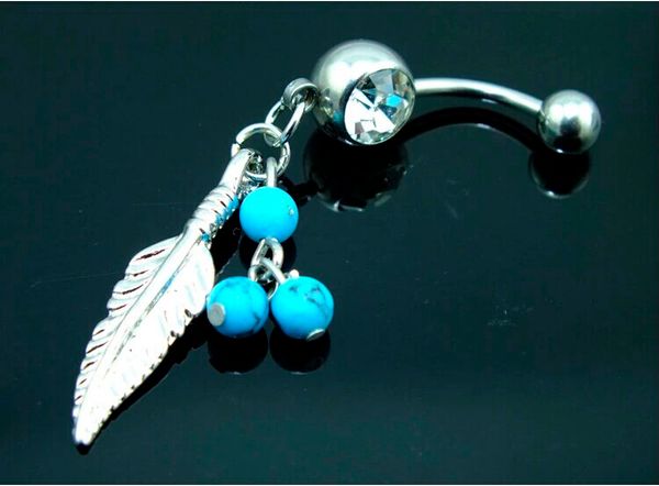 

wholesale blue beads leaf dangle belly navel rings button bar clear body jewelry piercings ing, Slivery;golden