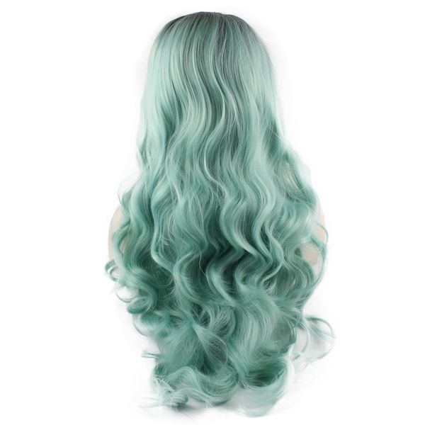 

sf5 front lace wig ombre dark root light blue wig, ombre synthetic wavy wig blue stylish kanekalon costume party wig natural hairline, Black