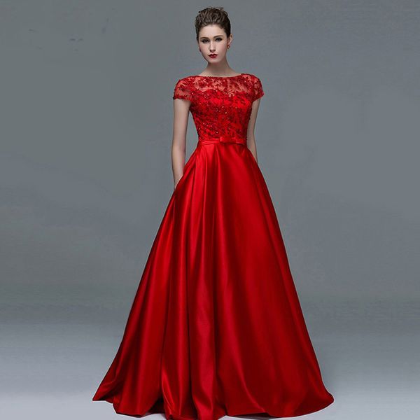 

2019 Elegant Red Lace Short Sleeves Evening Dresses Sexy A-Line Boat Neck Keyhole Long Women Formal Prom dress gowns Robe de soiree