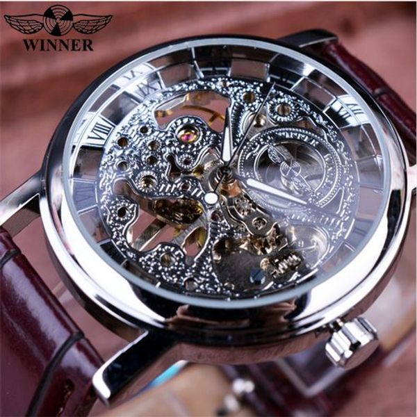 

Winner Royal Carving Skeleton Brown Leather Strap Transparent Thin Case Skeleton Design Watch Watches Men Luxury Brand Clock Men