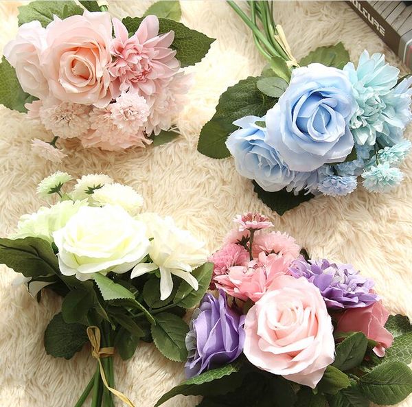 Acheter 1 Bouquet 30 Cm Roses Dahlias Marguerites Fleur De Soie Bouquet De Mariage Fleurs Artificielles Automne Vivid Fake Leaf Bouquets De Mariée