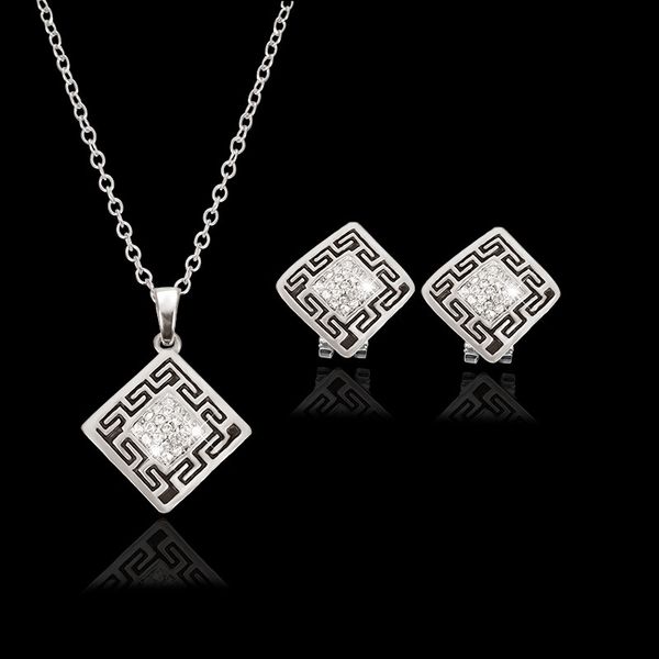 

necklace earrings jewelry set high grade vintage royal rhinestone white gold plated carved square party jewelry 2-piece set wholesale js249, Silver