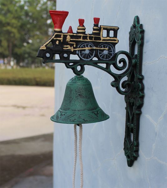 Cast Iron Painted Train With Large Bell Steam Engine Dinner Collectible Metal Craft Garden Yard Patio Courtyard Wall Mount Doorbell Decor For