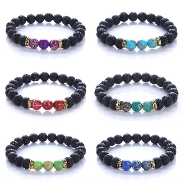 

colorful gemstone 7 chakra black lava beads strand elastic handmade prayer beaded volcanic rock essential oil bracelet lover gift b969s