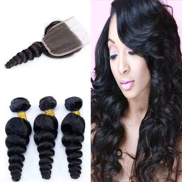 

peruvian hair weaves and closures peruvian malaysian brazilian loose wave bundles 3 pcs hair with 1 lace closure human hair extensions, Black;brown