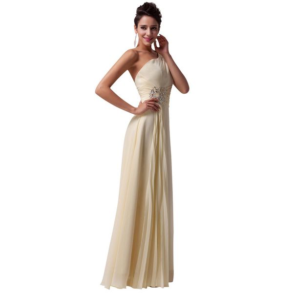 

One shouler long prom dresses 2019 crystal backless chiffon light yellow formal dress beautiful women party vestido Cheap Prom Party Dresses
