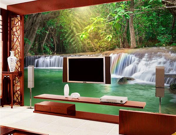 

natural 3d wallpapers forest waterfall sunlight landscape wood wall paper